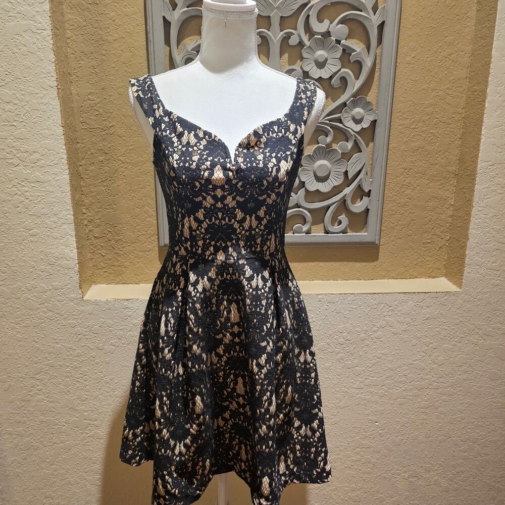 Francesca’s S Dress Lace Fit Flare Black Nude Romantic Cocktail Timeless Wedding - Picture 3 of 11